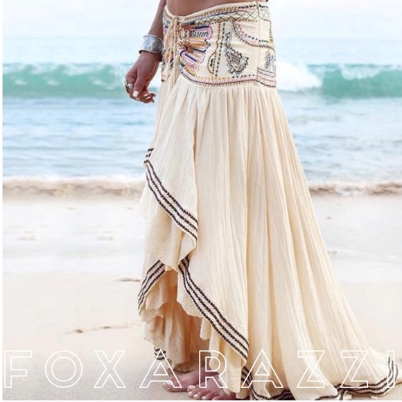Boho Gypsy Cotton Embroidered Cream hi low Skirt - Picture 2 of 8